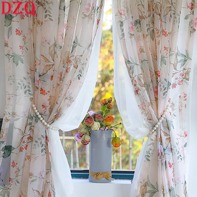 

Double Layer Idyllic Flowers Tulle Curtains for Living Room Elegant Rural Floral Gauze Curtains for Kitchen #A517