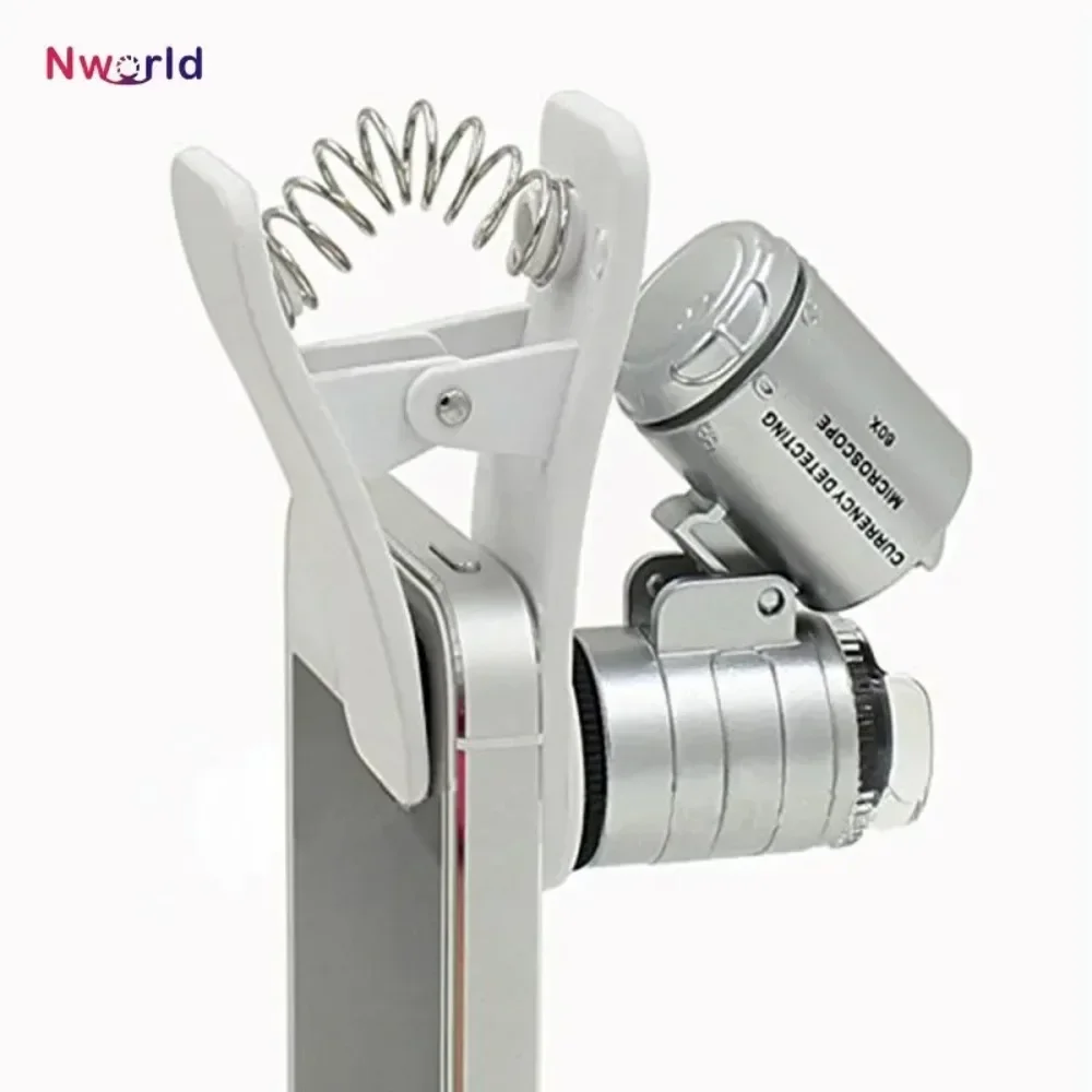 Universal Clip Microscope 60X LED Jewelry Magnifying Glass Focusing Adjusted Pocket Microscope with Cell Phone Clip UV Light