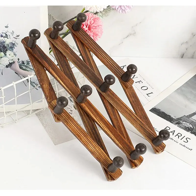 Telescopic Folding Clothes Hanger For Home Daily Use Carbonized Solid Wood Storage Wall-Mounted