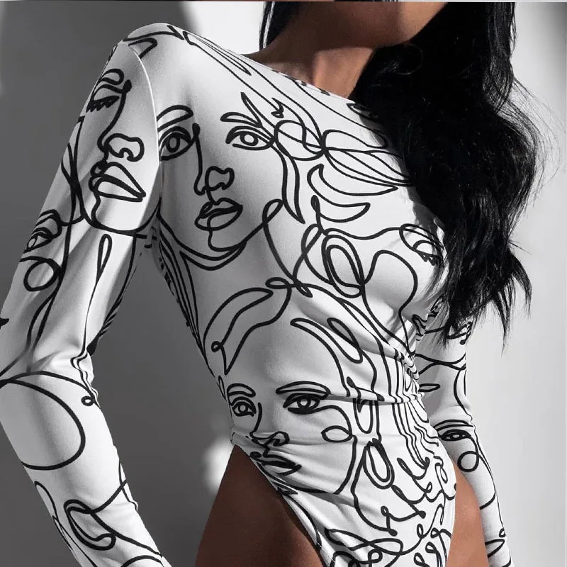 

Street Sle Spicy Girl Abstract round Ne Jumpsuit High Waist Slim Fit Long Sve Simple Elegance Trendy Top Women's Clothing