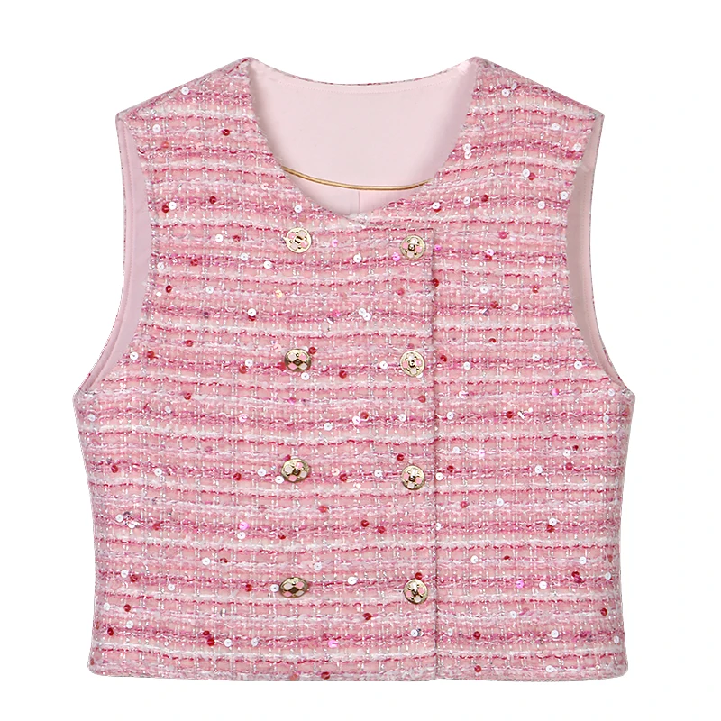 New Round Collar Double-Breasted Socialite Fashionable Western Age-Reducing Pink Tweed Little Fragrance Sleeveless Vest