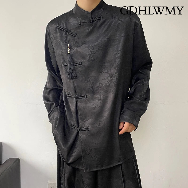 

GDHLWMY Autumn new Chinese brocade jacquard buckle tassel stand collar loose long sleeved men's and women's shirts