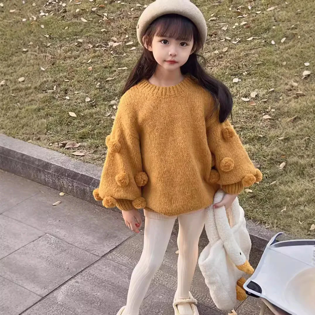 

Girls Autumn New Sweater 2024 Korean Fashion Solid Color Pompons Puff Sleeves Pullover Kids Spring Knit Clothes