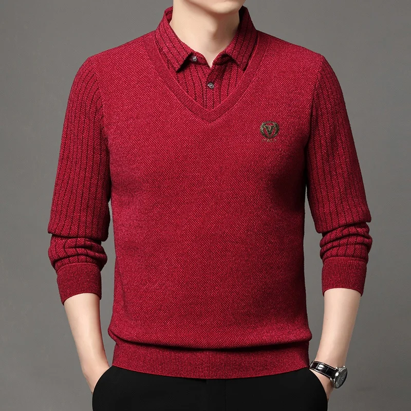 التصميم الأصلي الرجال التلبيب وهمية قطعتين طويلة الأكمام تي شيرت شتاء جديد طباعة أفخم سميكة معطف شتاء الأعمال الرجالية