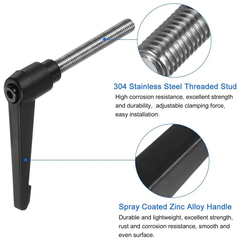 AB02 Clamping Lever Handles High Quality M10 X 60Mm 304 Stainless Steel Threaded Male Stud, Adjustable Handles, Black