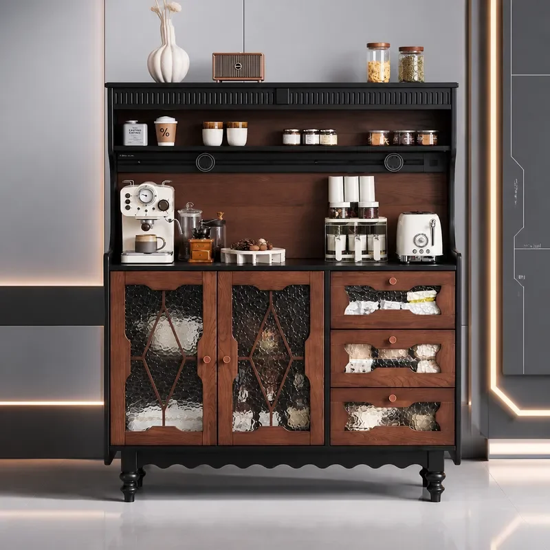 Retro Solid Wood Dining Side Cabinet Wall Mounted Storage Locker for Kitchen Living Room Antique Style Integrated Cupboard