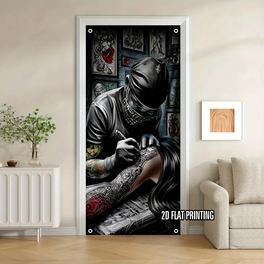 2D Flat Banner, Door Canvas, 1-piece set. Printed door cover. Feature: Gothic-style skull couple tattoo.