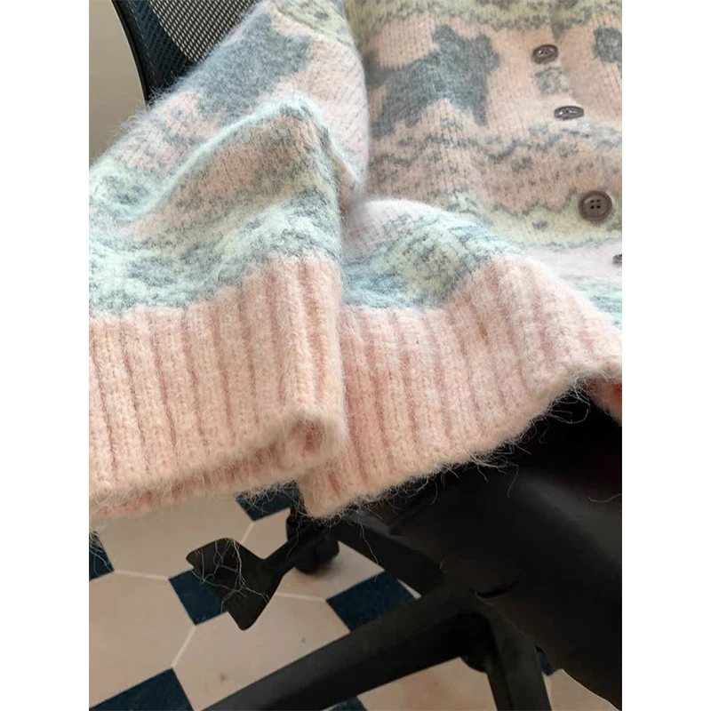 MEXZT Kawaii Roze Gebreid Vest Vrouwen Harajuku Cartoon Print Trui Outerwears Koreaanse Knitwears Winter Mode Leuke Jumpers