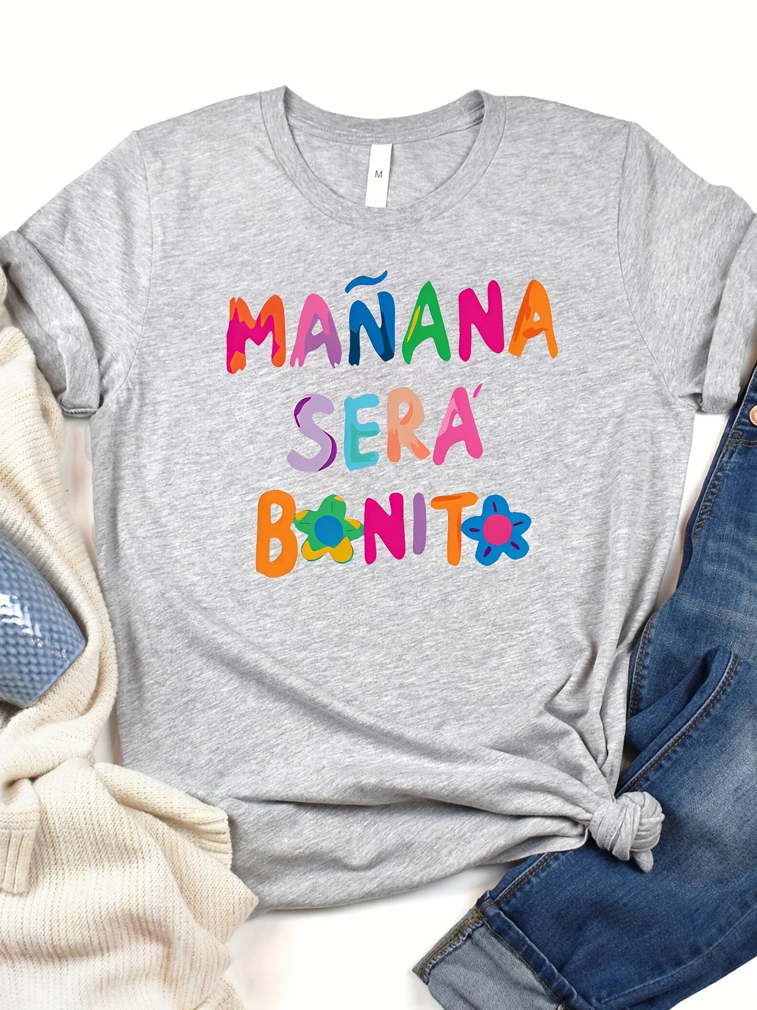 Camiseta con estampado de lettersTop غير رسمية de manga corta con cuello redondo ropa de verano y Prima para mujerropa