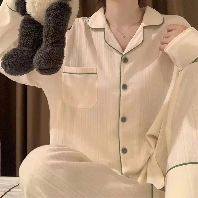 Women Long Sleeve Trousers Soft Pajamas Dormir Lounge Sleepwear Solid White Pajama Mujer Bedroom Home Clothes Female Pyjamas