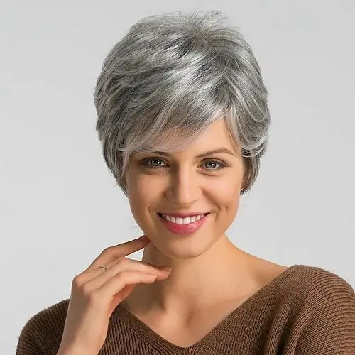 Korte Zwarte Wortels Grey Pixie Cut Rechte Synthetische Pruiken Cos Jurk Voor Vrouwen