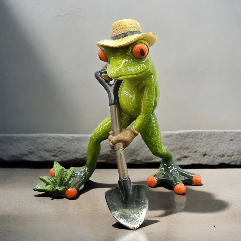 Escultura de rana con pala divertida, accesorios de decoración de plantas en maceta para jardín, figuritas de animales de resina, estatua de rana bonita, decoración del hogar