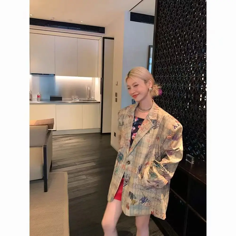 New Graffiti Print Elegant Casual Jacket Women Blazer Long Sleeve Single Breasted Pocket Slim Notched Office Lady Пиджак Женский