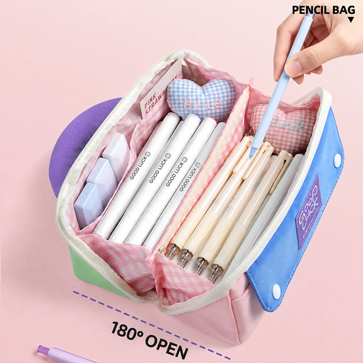 Color Block Pencil Case Large Capacity Multi Compartment Pen Bag 180° Wide Opening Stationery Organizer with Handle Front Pocket