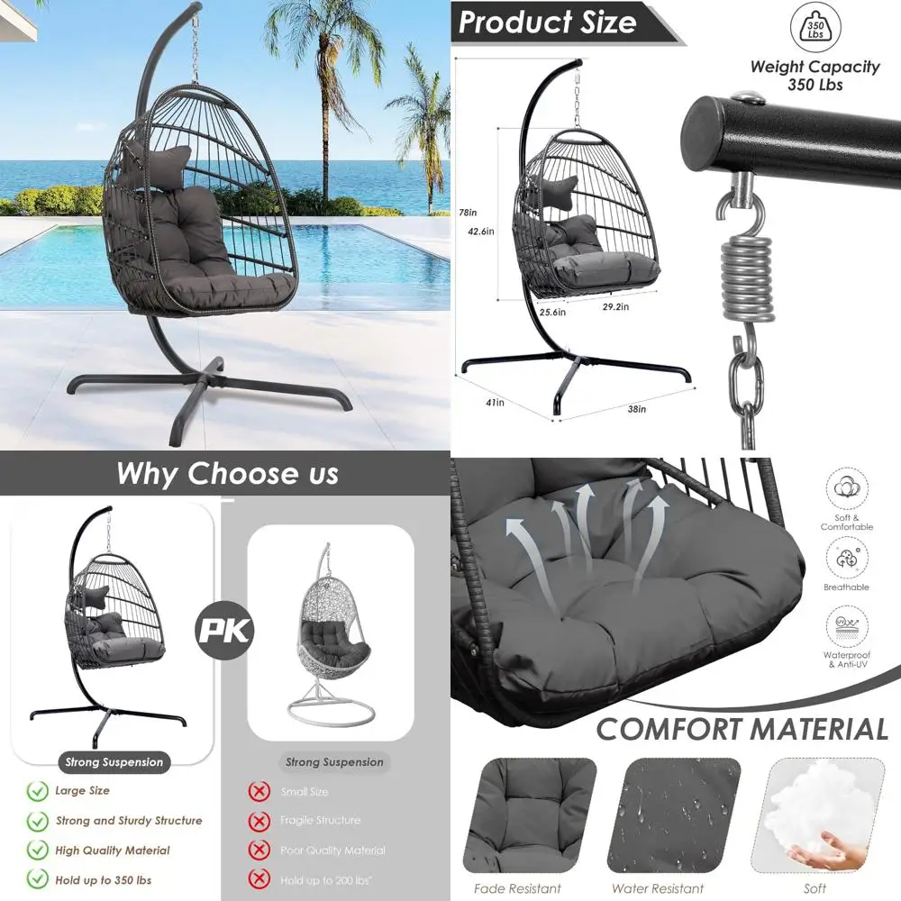 

Heavy Duty Rattan Egg Chair Swing with Stand and Cushion, Supports up to 350Lbs