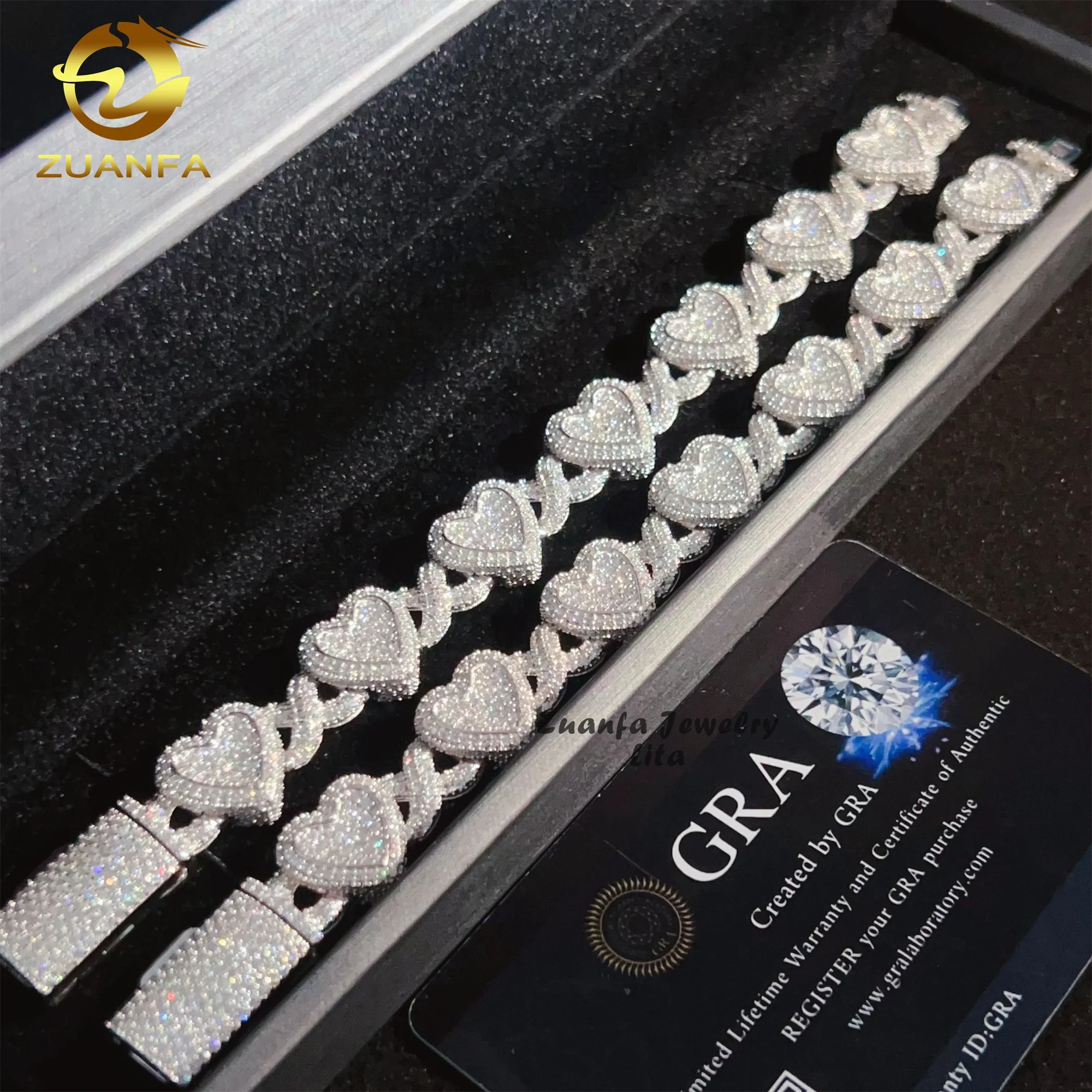Iced Out Jewelry Heart Infinity Hip Hop Sparkle 925 Sterling Silver VVS Moissanite Diamond Cuban Link Bracelet，