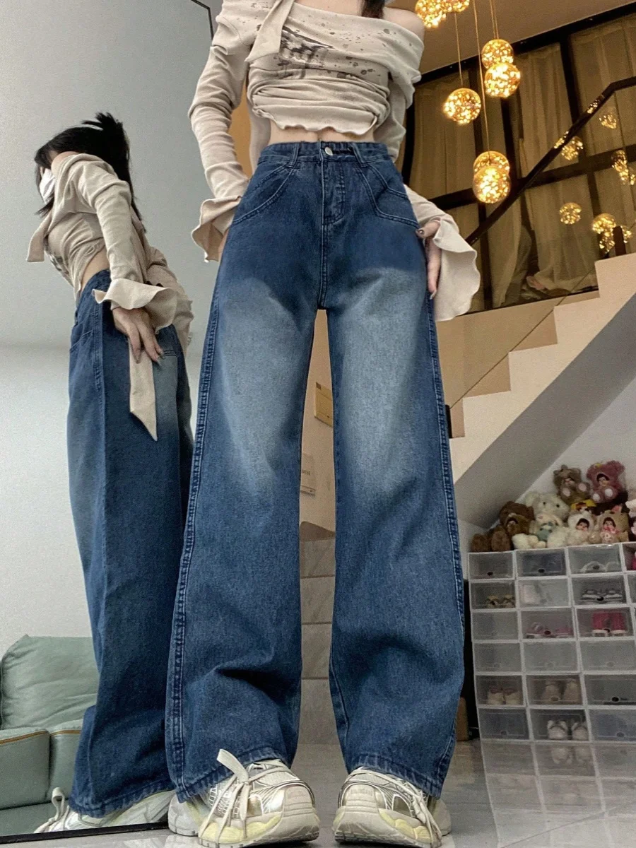 

Retro Washed Blue Wide Leg Jeans High Waist Loose Straight Cut Denim Pants Women Summer Hong Kong Style Loose Fit Trousers