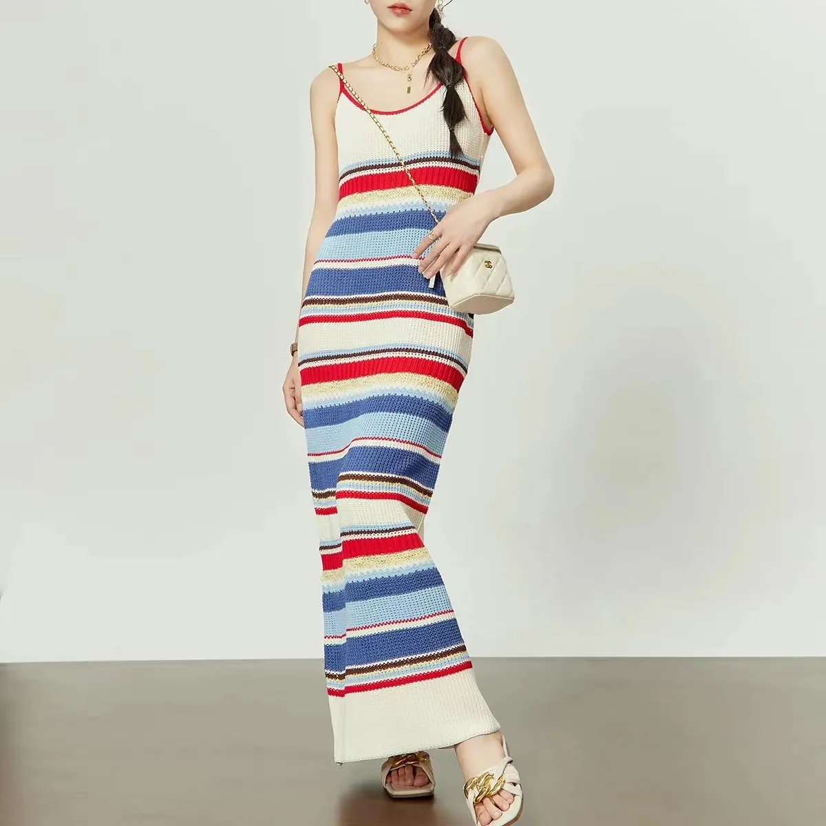 

Ele вязаный длинный ремешок с высокой талией Dr Color Blo Stripes для похудения, летнее новое поступление от ZHUO YA2024 Faion, женское платье