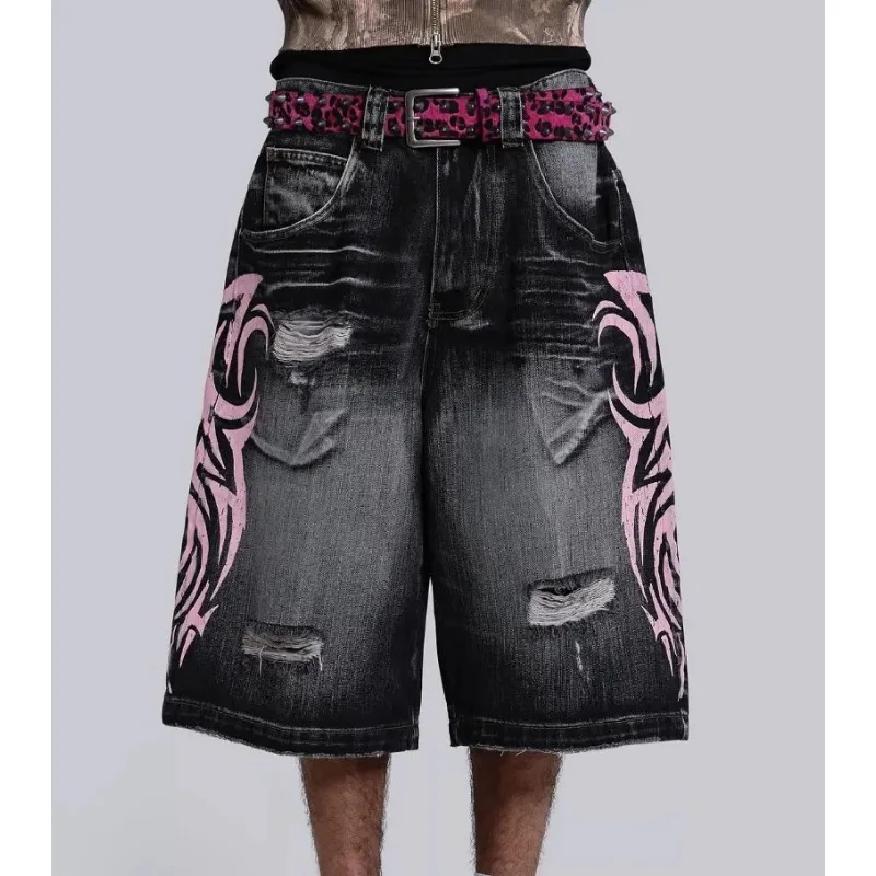

Deeptown Gothic Graphic Print Women Short Jeans Y2k Hole Vintage Harajuku Wash American Straight Jorts Baggy Hip Hop Streetwear