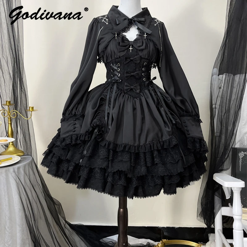 Vestido de tirantes JSK de estilo gótico Lolita para mujer, conjunto de 2 piezas con camisa y capa negra para primavera y verano 2024