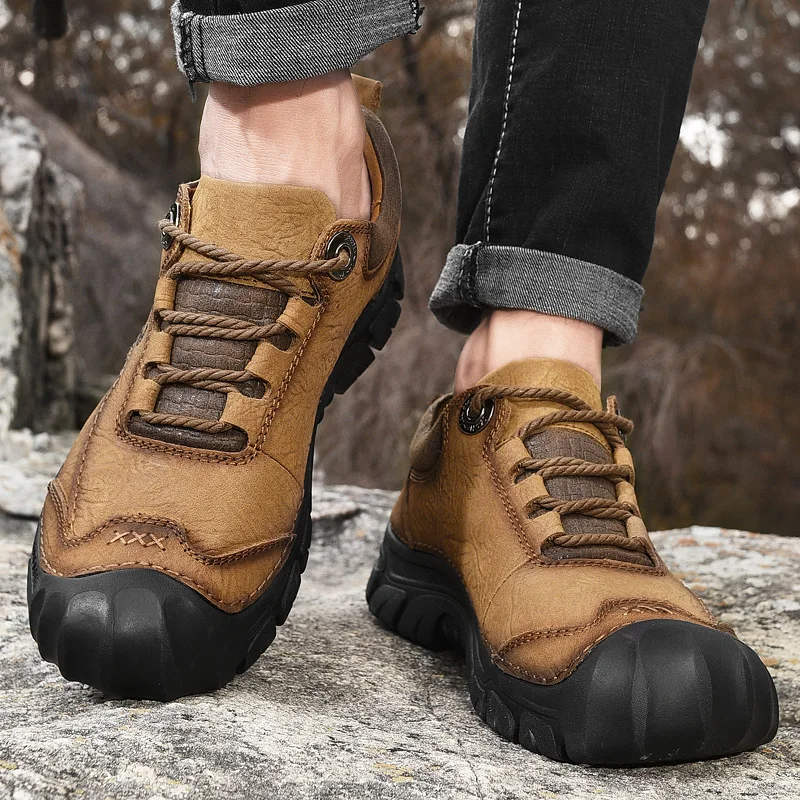 Hiking Shoes Men Genuine Leather Outdoor Camping Anti-collision Climbing Shoe Lace Up Climbing Trekking Sneakers