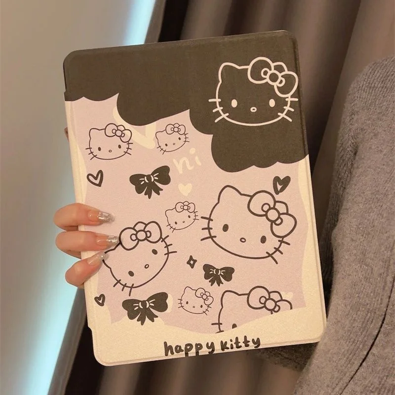 Kawaii Hello Kitty IPad Protective Case Cartoon Black and White Kitty Apply To IPad5/6/7 Ipadpro18/19/20 Air1/2/3/4 Mini4/5/6