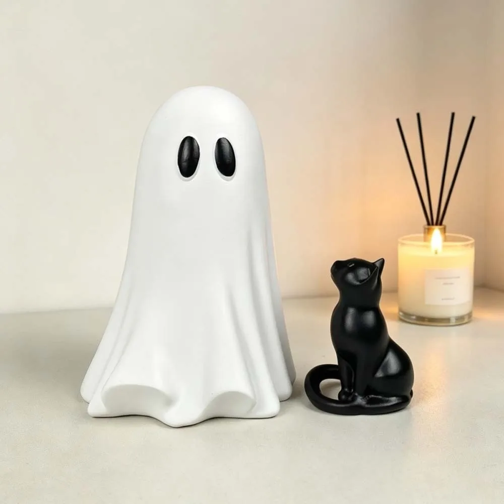 Resin Crafted Ghost Cat Ornament Smooth Surface Cute Style Spooky Ghost Statue Black White Tone Lightweight