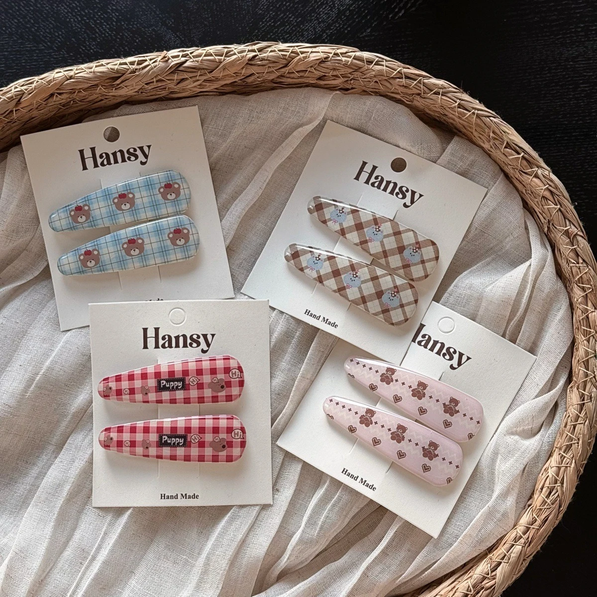 2pcs/set Korean Sweet Cute Printed Teddy Bear BB Clips Bangs Side Clips Small Exquisite Broken Hair Clips Women Girls Headwear