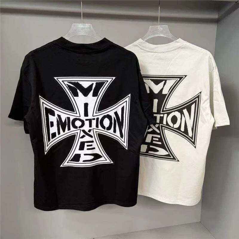 Mixed Emotion American-style casual short-sleeved T-shirt - Loose-fitting, retro-style letter-printed, holey top for both men an