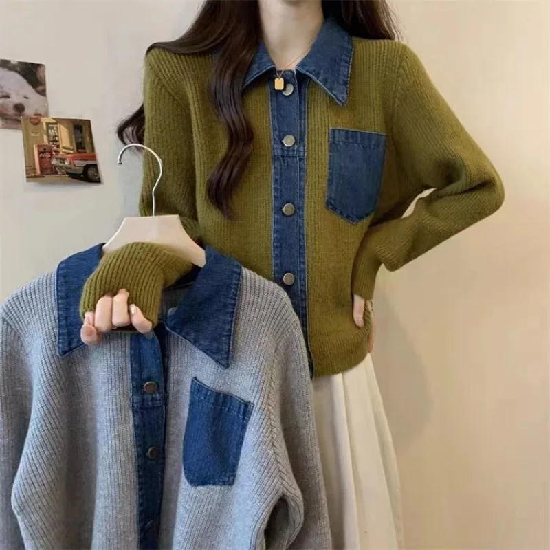 Design Sense Autumn Winter PoIo Collar Stitched Denim Knitted Cardigan Commuting Sweater Women\'s Loose and Thin Fashion Jacket