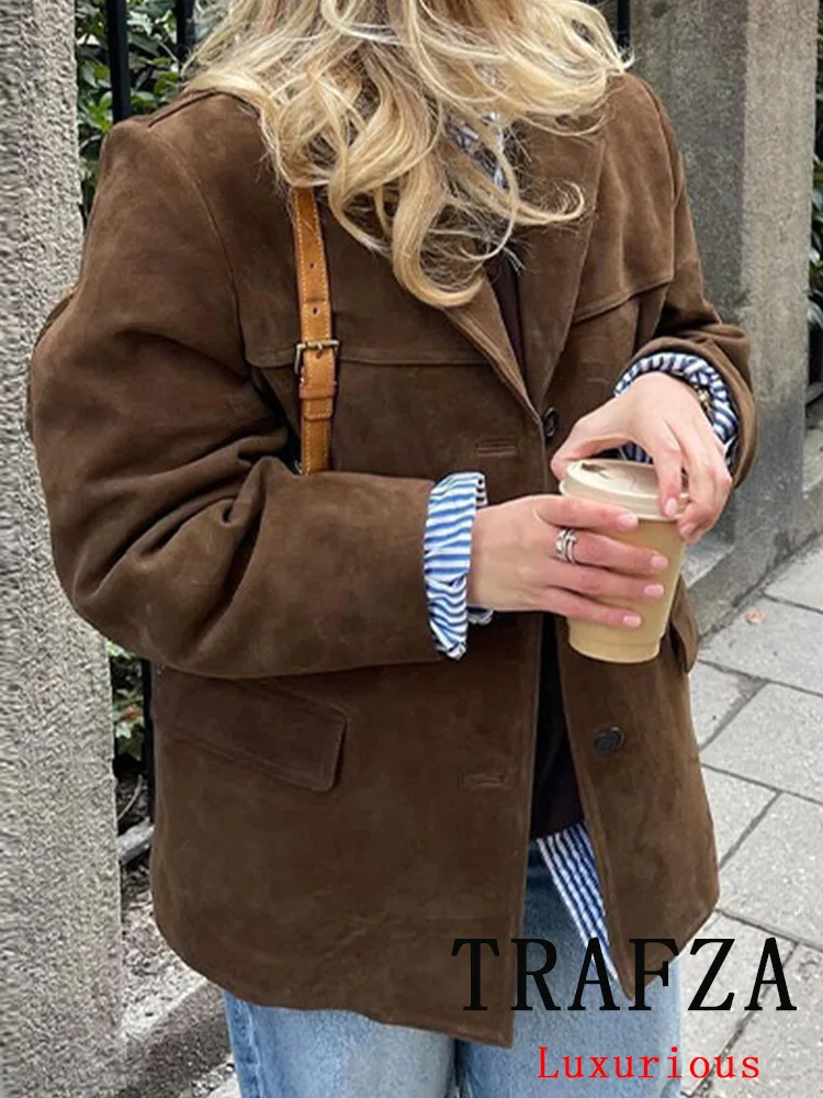 TRAFZA Vintage Casual Chic Women Jackets Solid Long Sleeve Pockets Single Breasted Loose Coats New Fashion 2024 Autumn Outwears