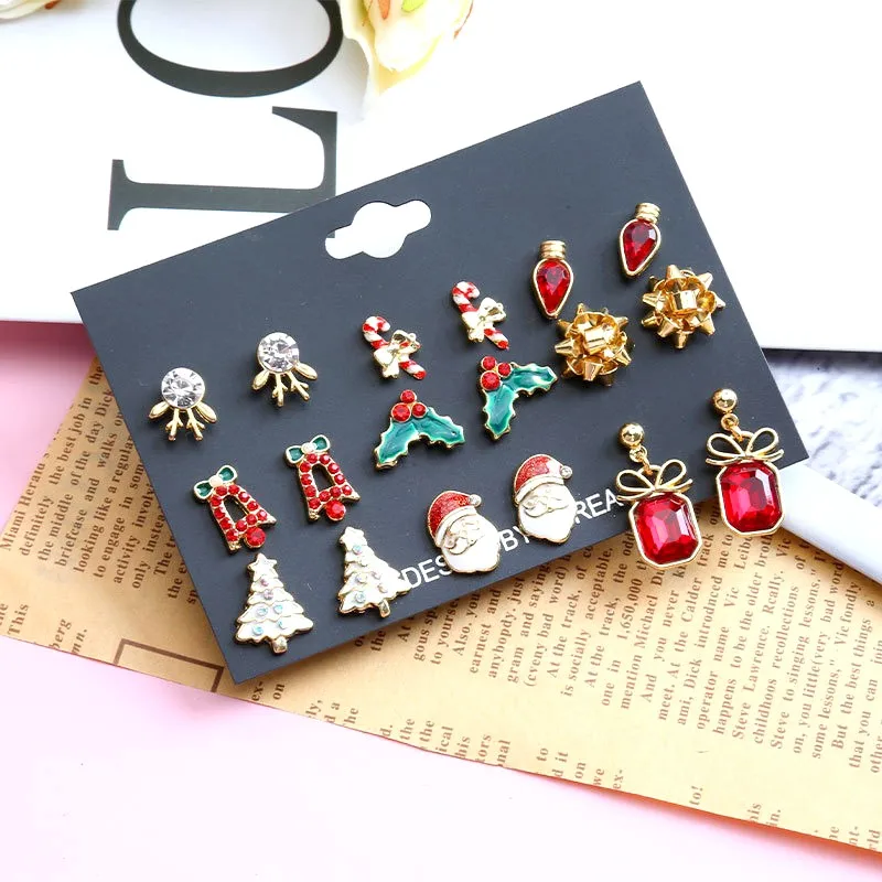 6/9Pairs Christmas Earrings Set Snowflake Santa Claus Tree Deer Bell Gloves for Women Girls Party Holiday New Year Jewelry Gifts