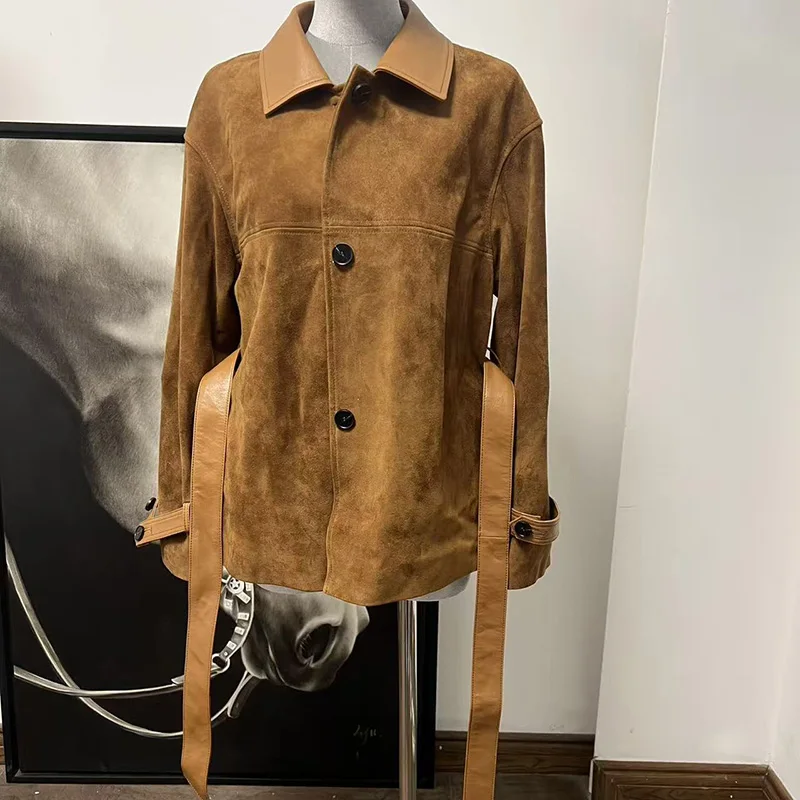 

Новая женская зимняя куртка-тренч из натуральной овчины с отложным воротником, двубортная, с поясом на талии, средней длины