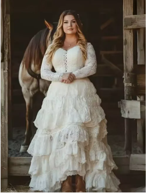 Western Country Cowgirl Wedding Dresses Tiered A-Line Long Vintage Bridal Gown Long Sleeves Elegance Vestidos De Novia Customize