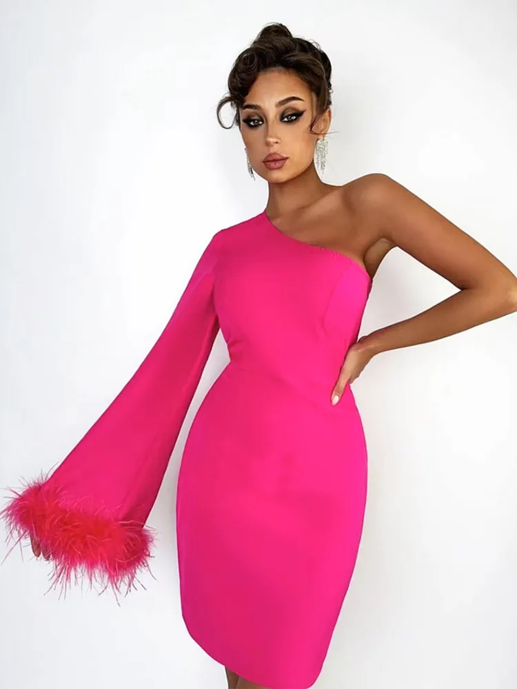 

Women Spring Sexy One Shoulder Hot Pink Feather Mini Ladies Bodycon Bandage Dress 2023 Knitted Elegant Evening Club Party Dress