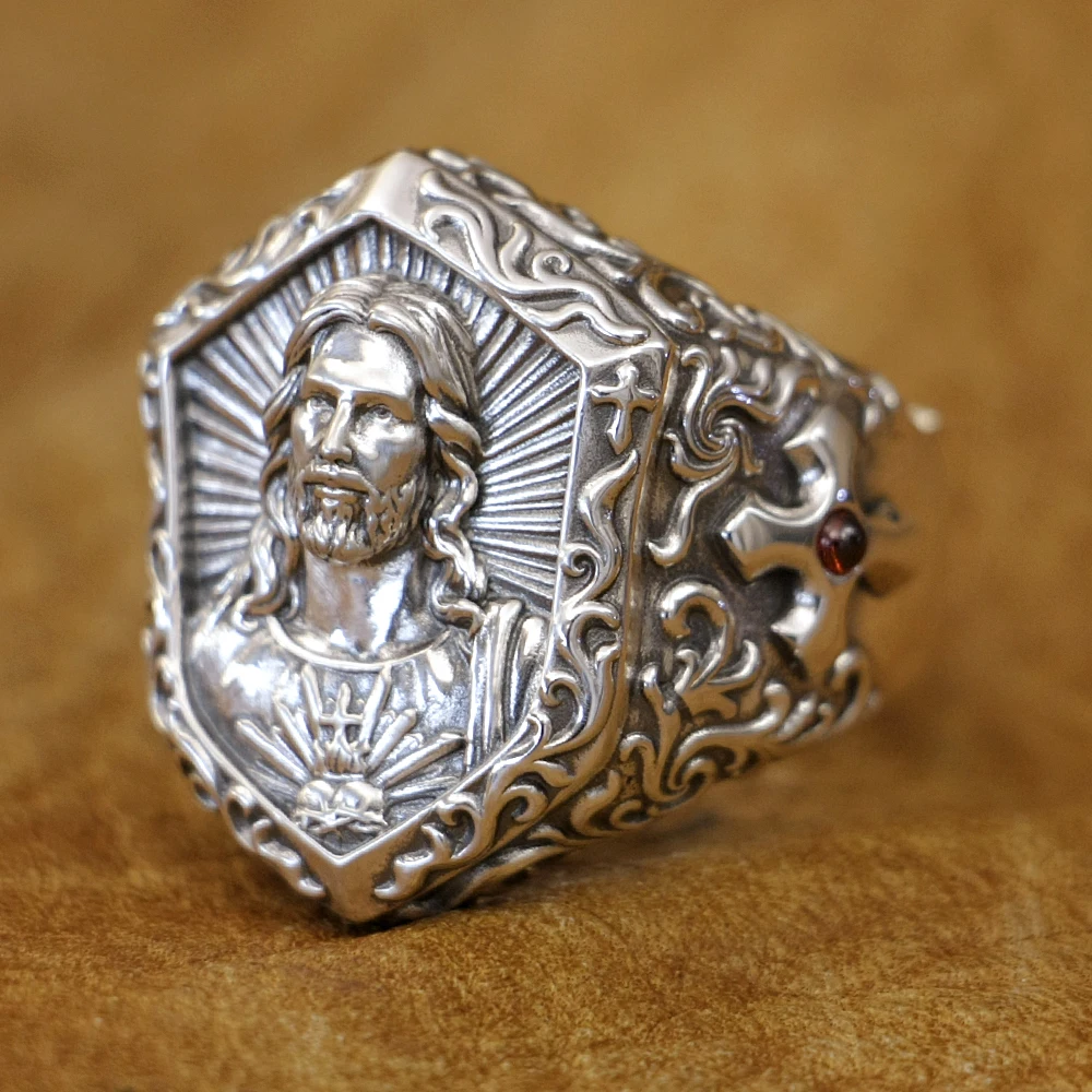 

Огромное кольцо из стерлингового серебра 925 пробы с Иисусом Христом, подвески, ювелирные изделия TA458, размер США 8 ~ 15