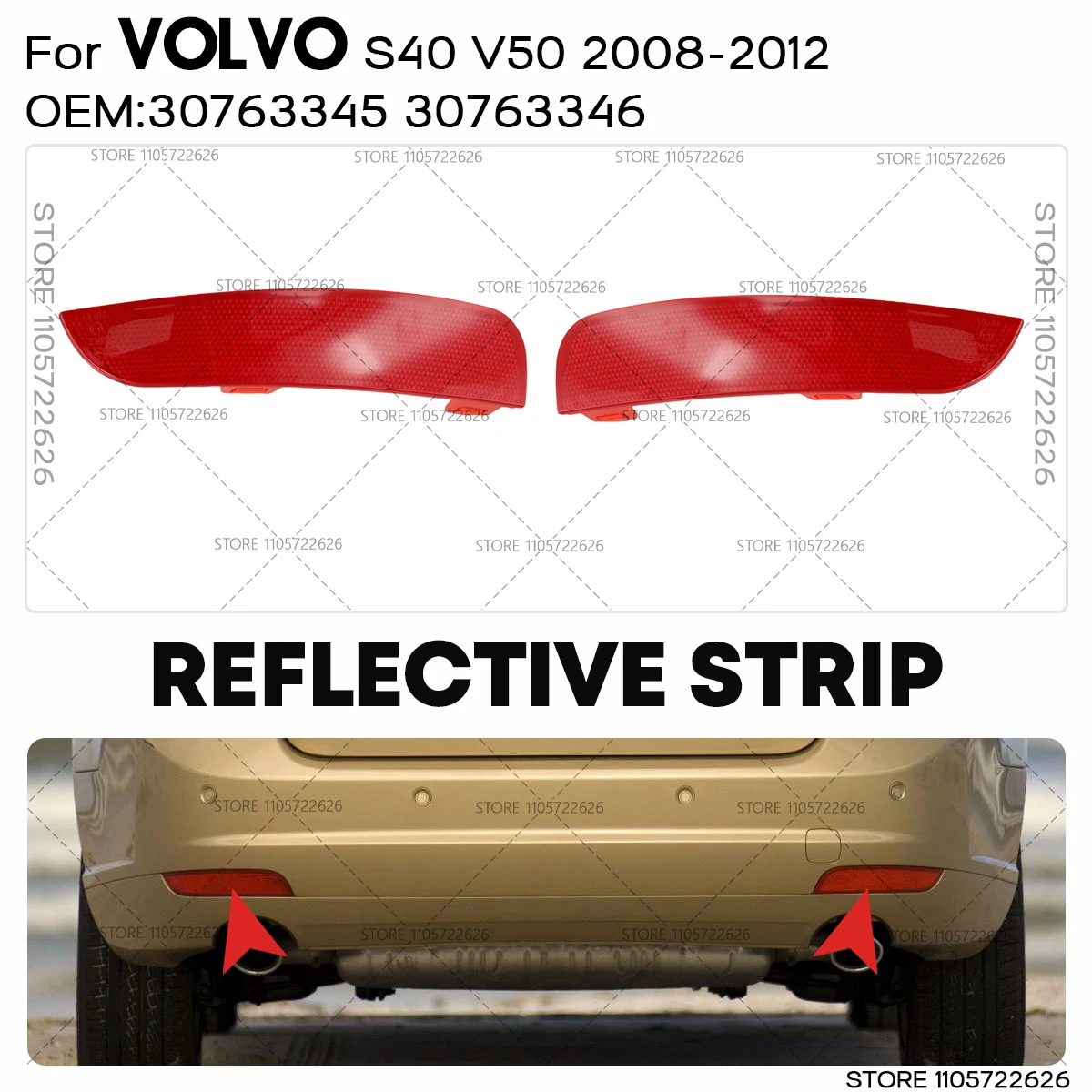 For 2008 2009 2010 2011 2012 S40 Volvo V50 Rear Bumper Reflector Warning Parking Lights Reflective Strips 30763345 30763346