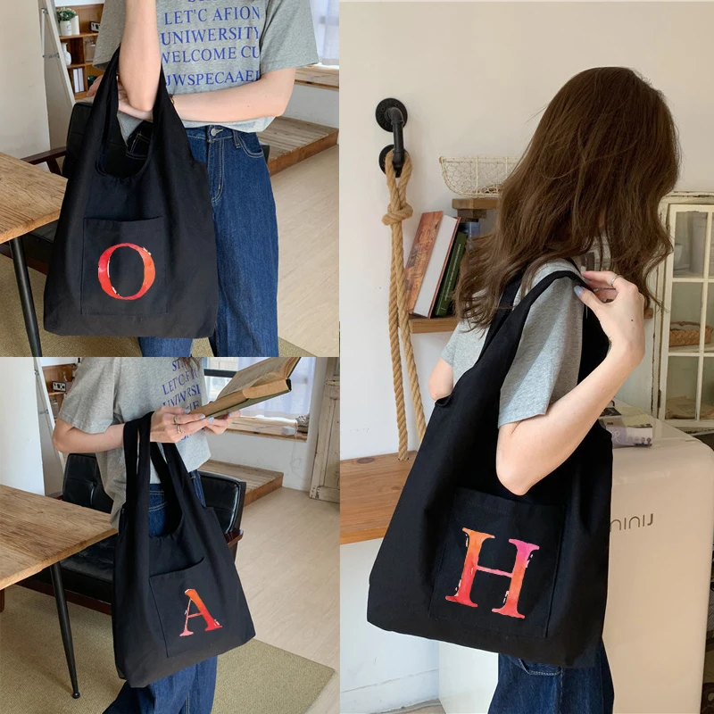 

Vermilion Letters Canvas Bag for Women Shopper Female Handbags Storage Shoulder Large Capacity Tote Reusable Eco Shopping Bags