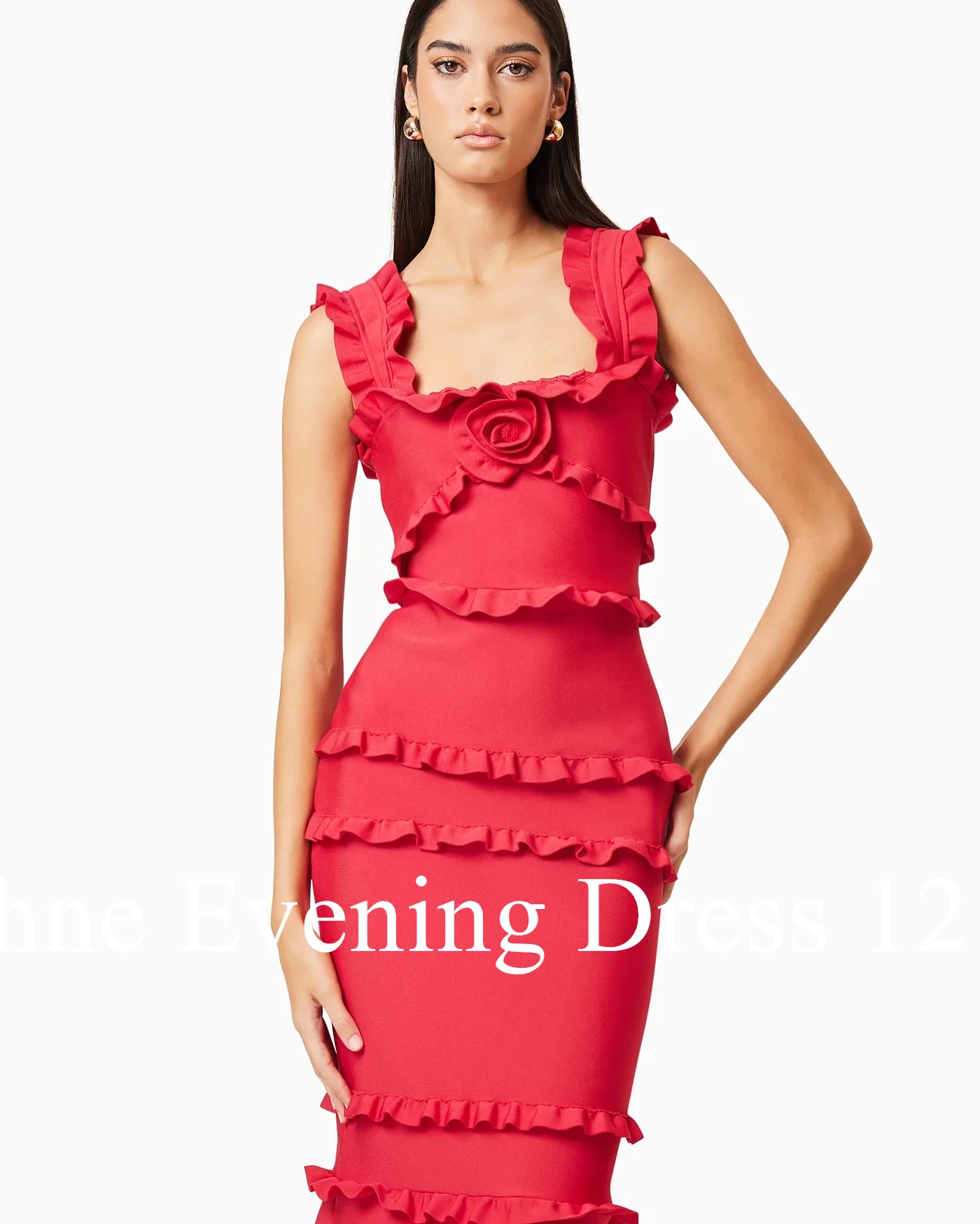 Customized Graceful Mermaid Square Collar Spaghetti Straps Ruffles Flowers Evening Dress Modern Satin Pleats Vestido De Festa