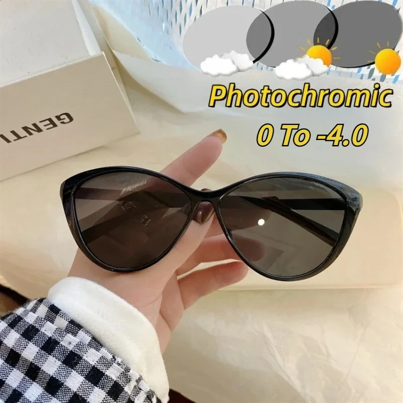 

Cat Eye Photochromic Myopia Glasses Retro Frame Color Changing Short Sight Eyewear Ultralight Anti-blue Light Near Sight Glasses