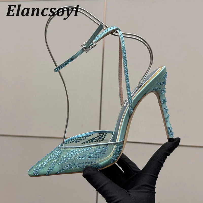 Sexy Thin Heels Sandals Women's Pumps Mesh Rhinestone Pointed Toe Ankle Strap Sandalias Summer Party Banquet High Heels 2026