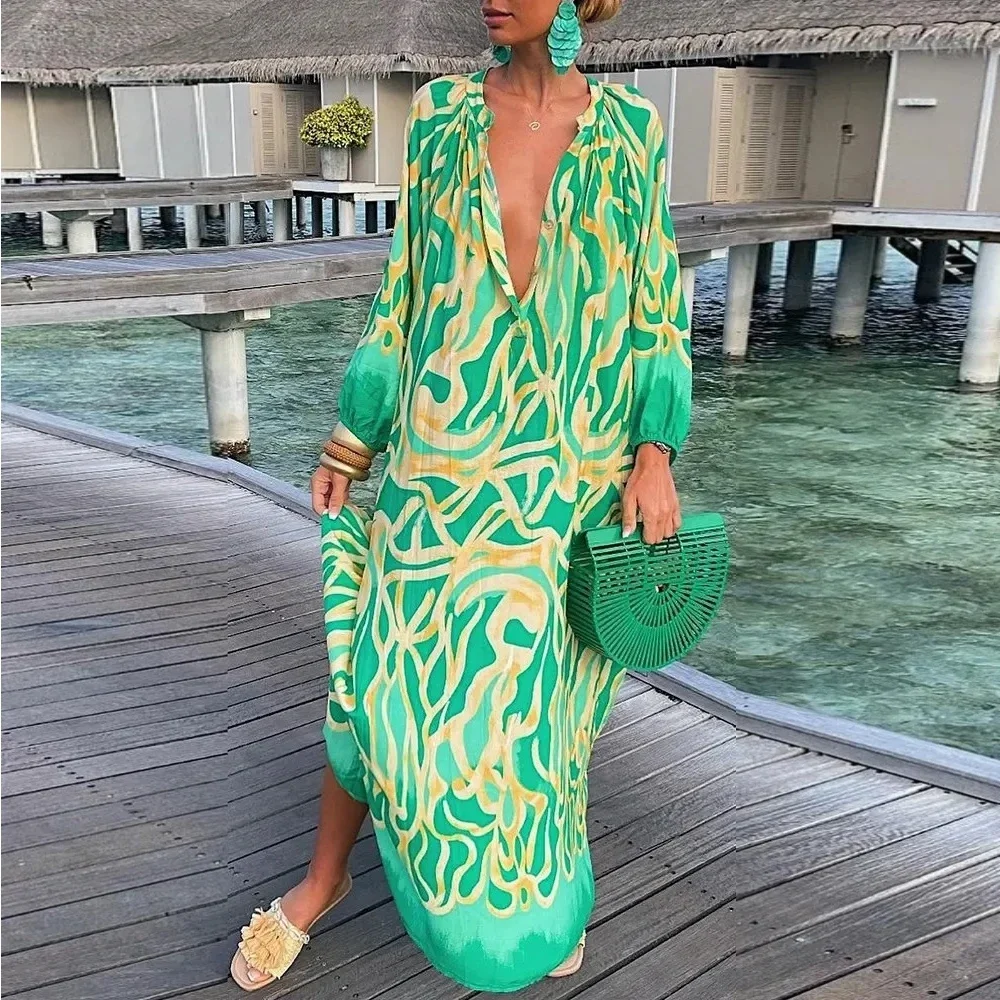 

Women Sexy Deep V-Neck Maxi Dresses Bohemian Lantern Sleeve Printed Long Dress Female Vintage Holiday Loose Beach Cover Up Robe