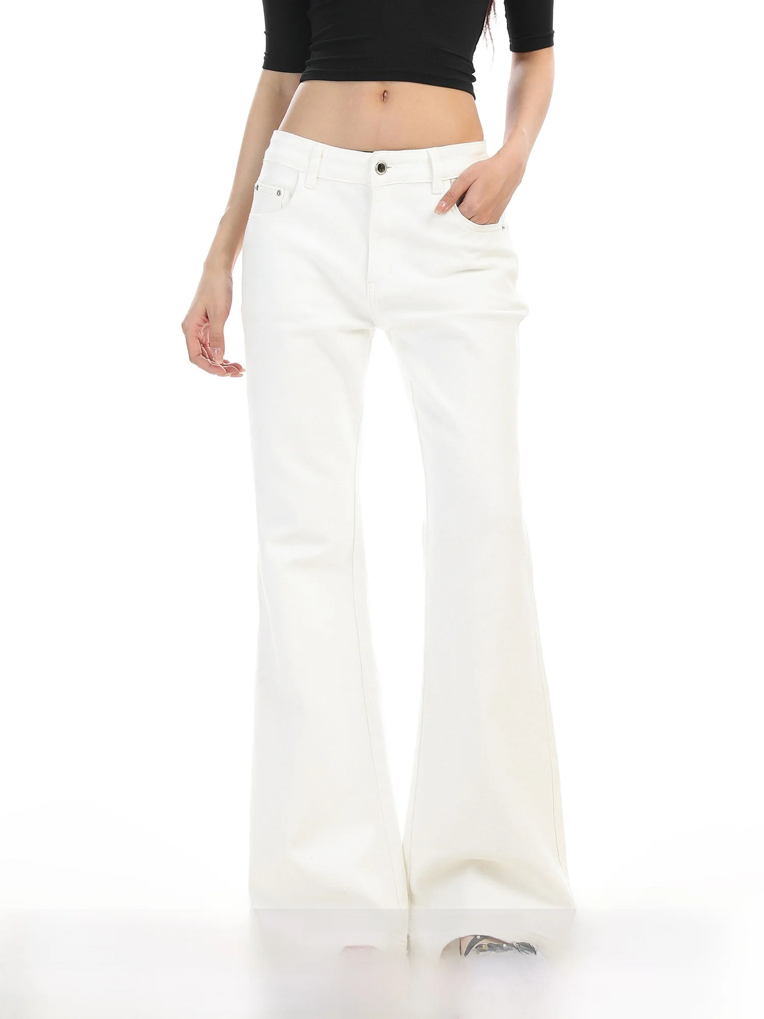 

White Straight Leg Bell Bot Jeans Women's Slimming Casual Basic Match All Long Pants American Sle Slightly Elastic