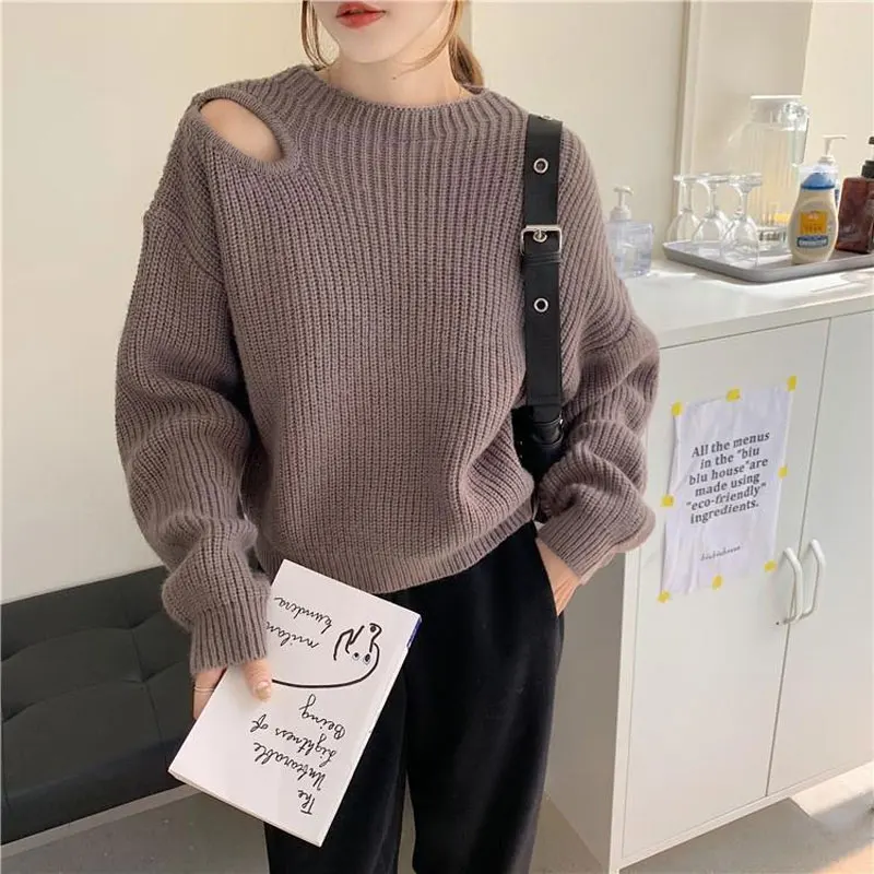 Korean Off Shoulder Knitted Jumpers Casual O-Neck Women\'s Clothing 2024 Autumn Winter Loose Solid Color Stylish Cut Out Sweaters