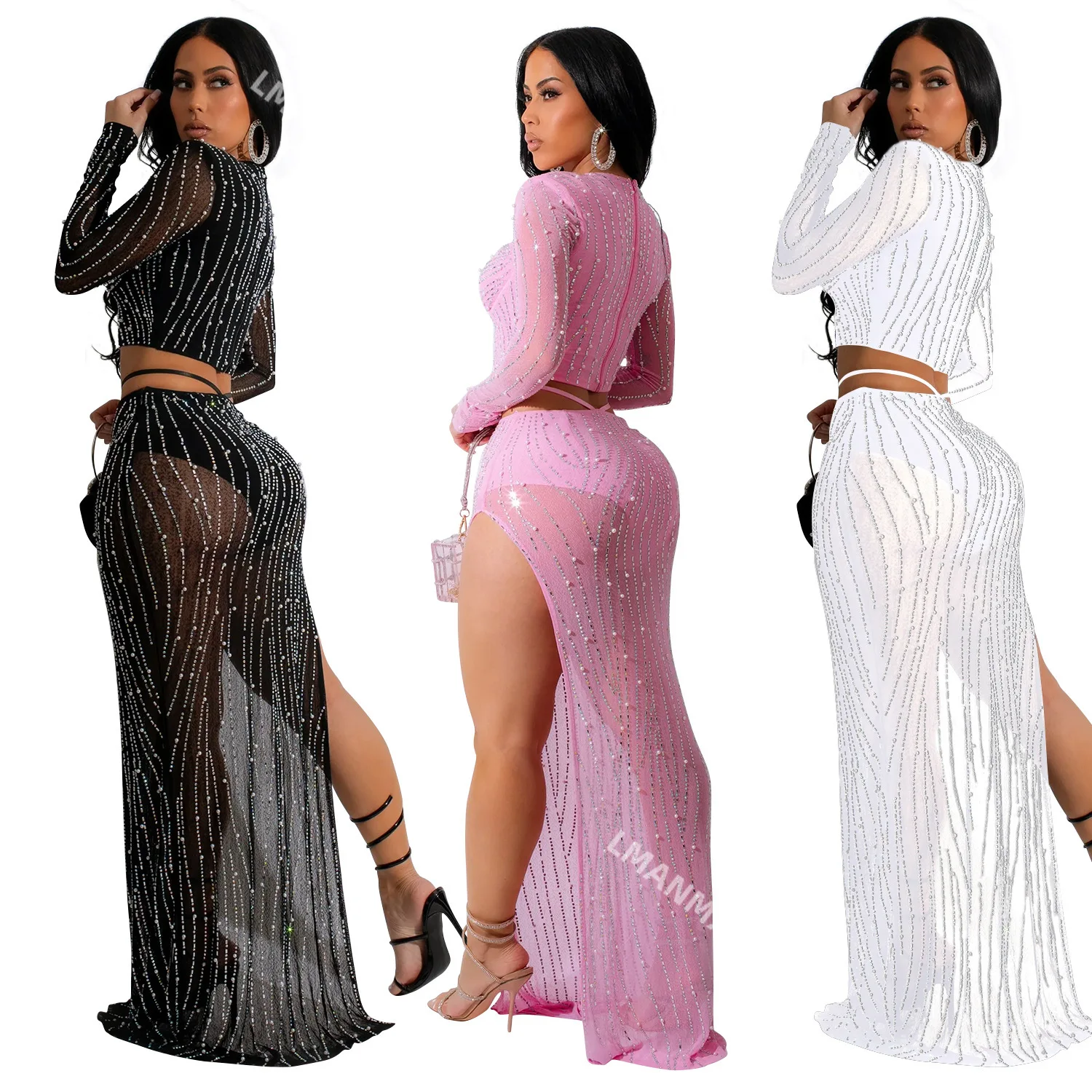 Nightclub Fashion Sexy Women's Wear Solid Color Mesh Hot Diamond Long sleeved Dress Women's Birthday Party Clothing