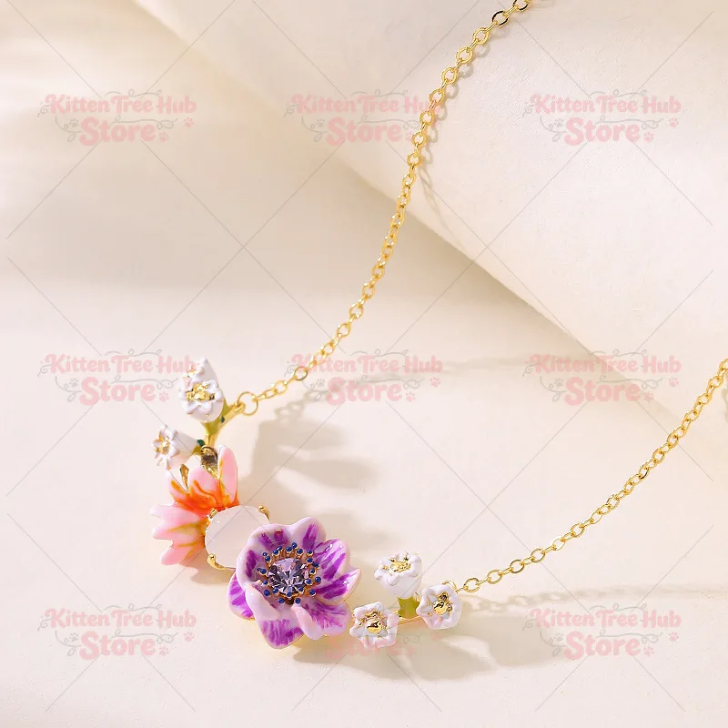 Purple Silver Lotus Flower Enamel Jewelry Set Earrings + Necklace For Women Sweet Floral Gift