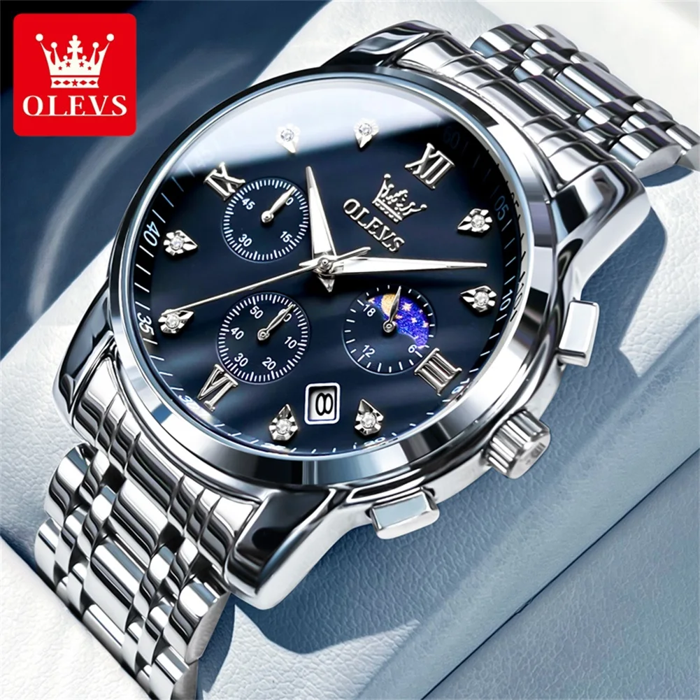 OLEVS 2858 Herenhorloge Luxe merk quartz horloge Multifunctionele chronograaf Waterdicht lichtgevend maanfasehorloge Trend herenhorloge