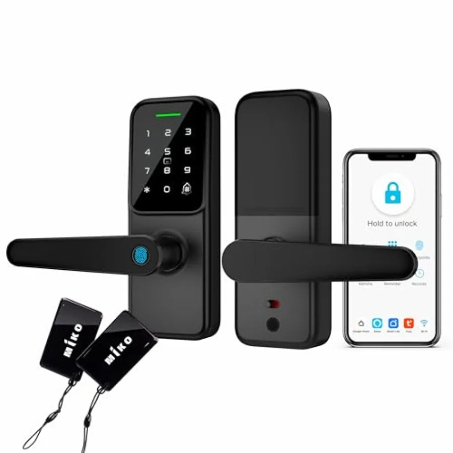 Front door, bedroom, office smart lever door lock with fingerprint, keypad, doorbell, FOB cards, WiFi, app control, auto-lock s