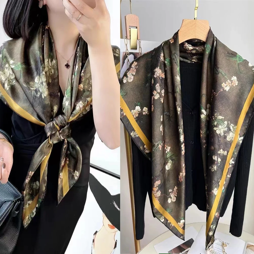 BYSIFA|Coffee Green Femmes100% Silk Scarf Shawl Foulard Fashion Real Silk Scarves Wraps Fall Winter Brand Square Scarves 110*110