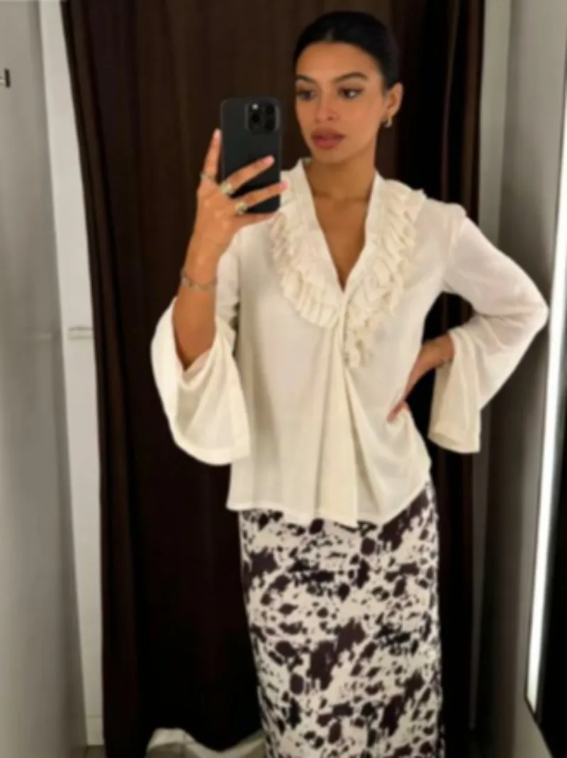 

New Spring Solid Color V-neck Long Sleeve Ruffled Shirt Women's Blouse Design Fashion Elegant Shirt Simple Shirt Female Tops